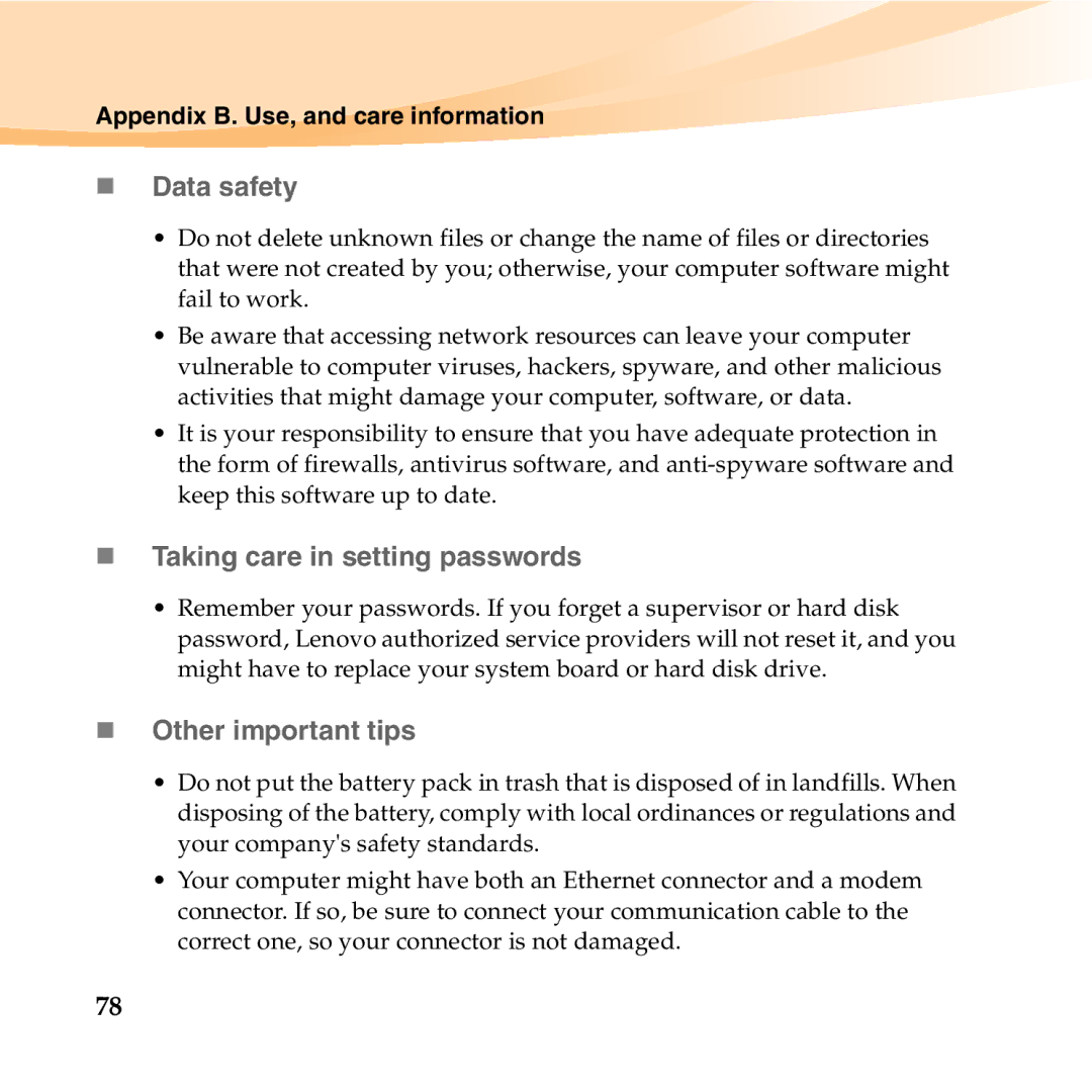 Lenovo S10-3T manual „ Data safety, „ Taking care in setting passwords, „ Other important tips 