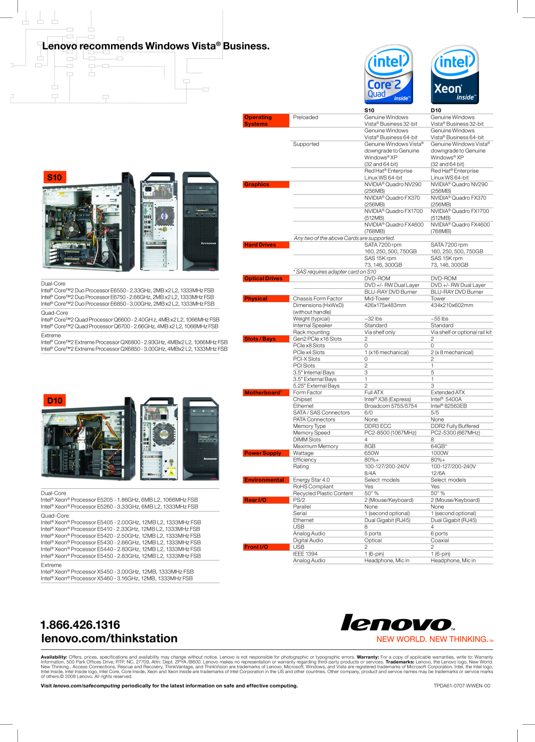 Lenovo S10, D10 manual Lenovo recommends Windows Vista Business, Any two of the above Cards are supported 