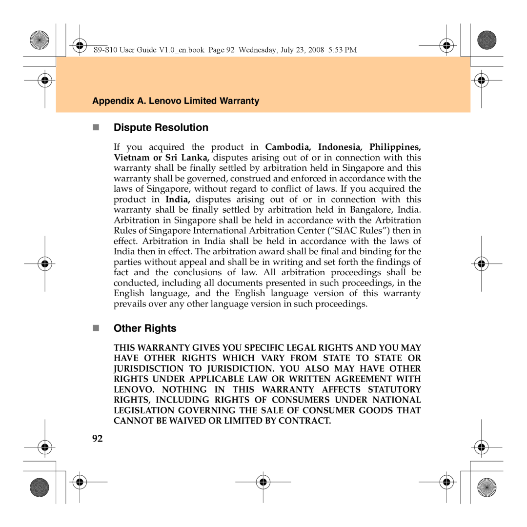 Lenovo S10 manual „ Dispute Resolution, „ Other Rights, Appendix A. Lenovo Limited Warranty 