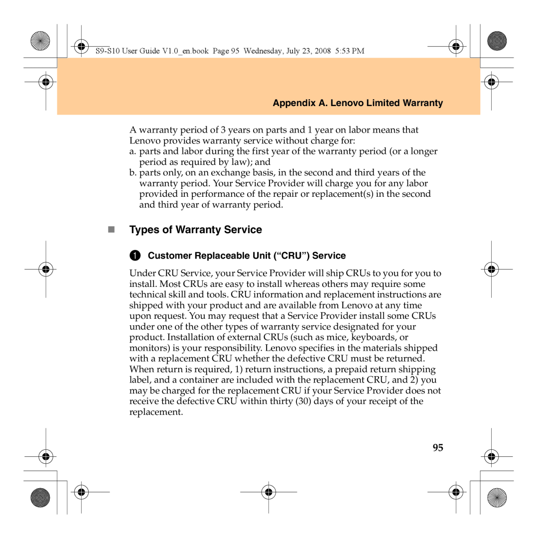 Lenovo S10 manual „ Types of Warranty Service, Appendix A. Lenovo Limited Warranty, Customer Replaceable Unit “CRU” Service 