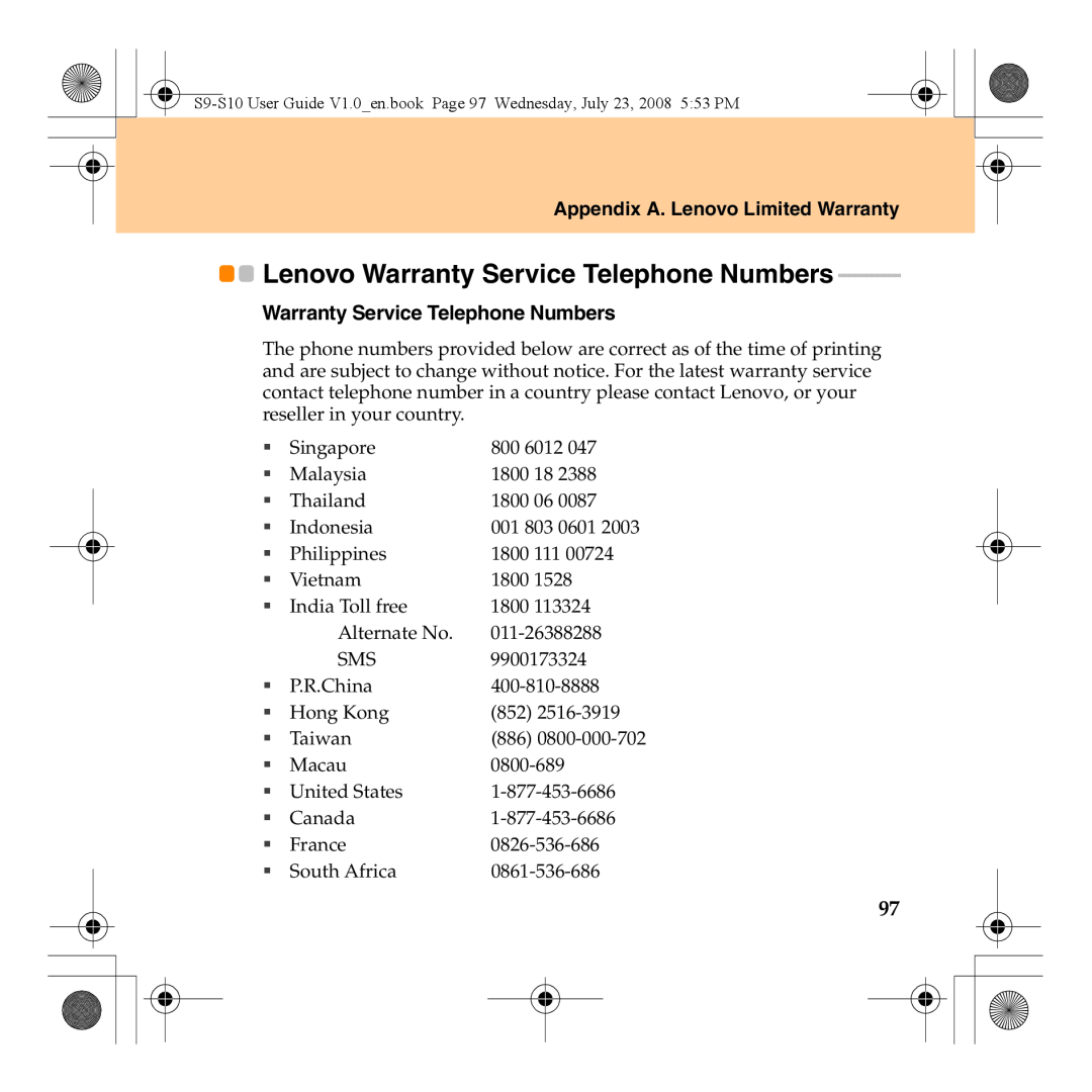 Lenovo S10 manual Lenovo Warranty Service Telephone Numbers, Appendix A. Lenovo Limited Warranty 