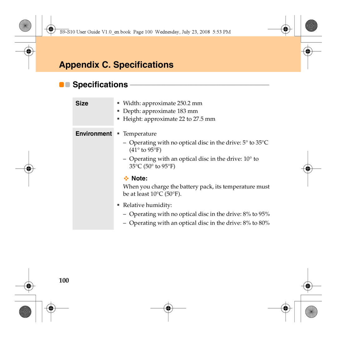 Lenovo S10 manual Appendix C. Specifications, Size, Width approximate 250.2 mm, Depth approximate 183 mm 