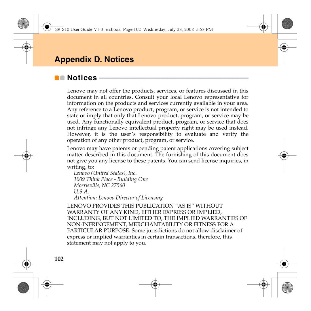Lenovo S10 manual Appendix D. Notices, Lenovo United States, Inc 1009 Think Place - Building One 