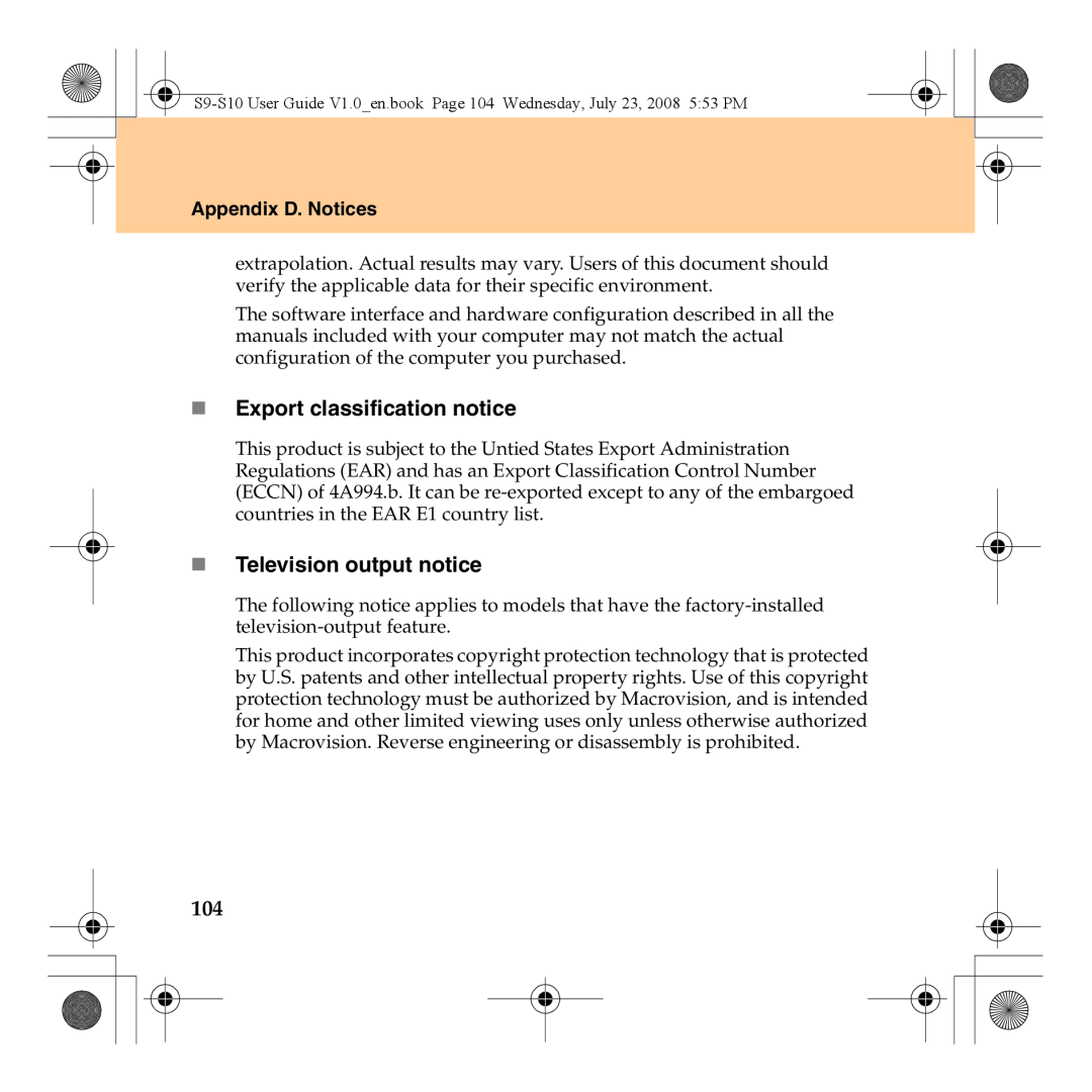 Lenovo S10 manual „ Export classification notice, „ Television output notice, Appendix D. Notices 