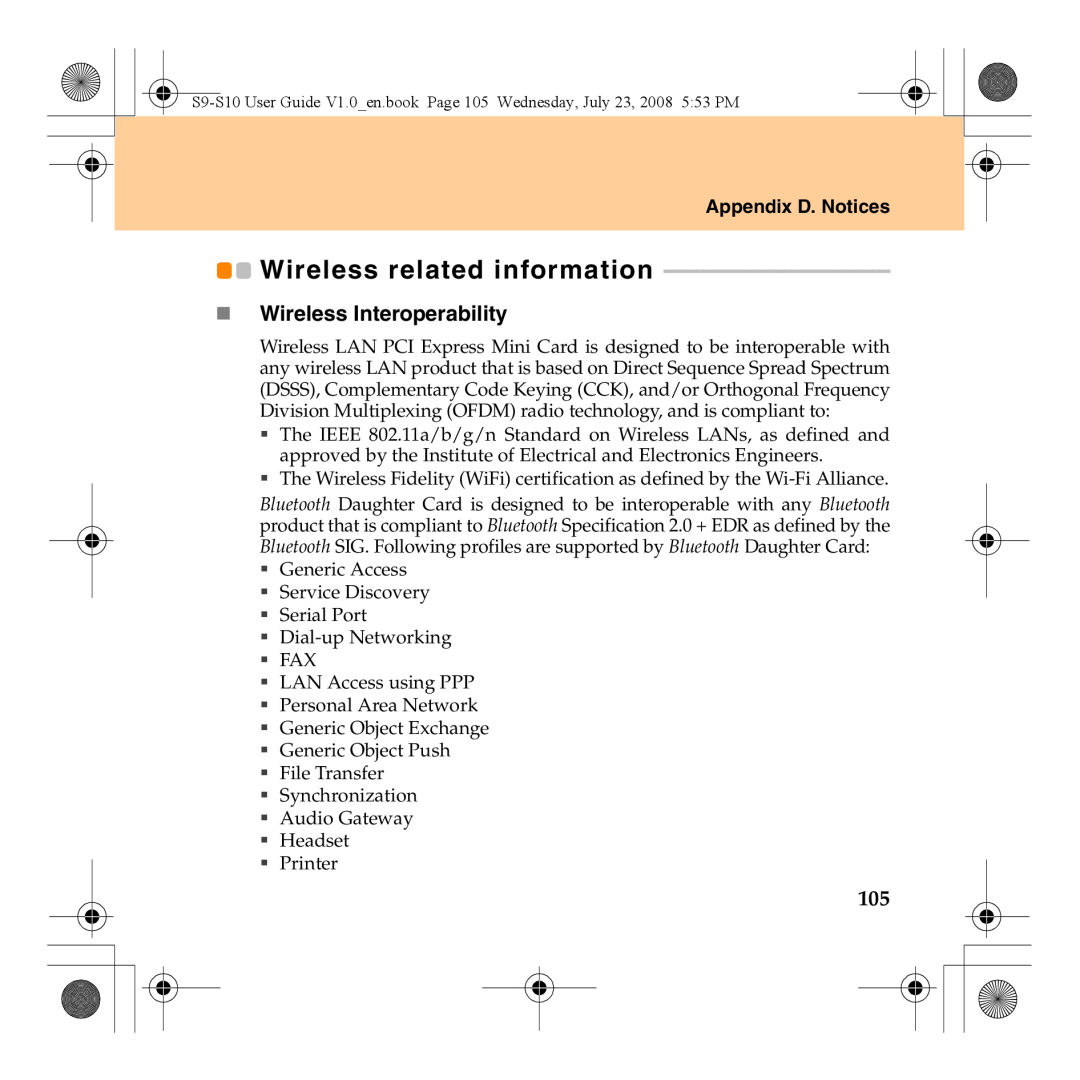 Lenovo S10 manual Wireless related information, „ Wireless Interoperability, Appendix D. Notices 