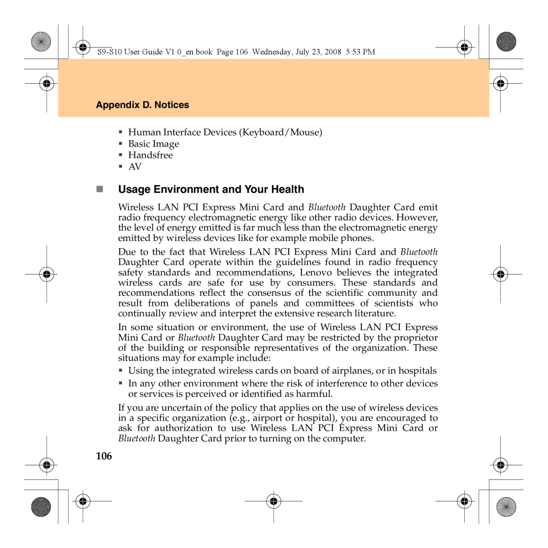 Lenovo S10 manual „ Usage Environment and Your Health, Appendix D. Notices 