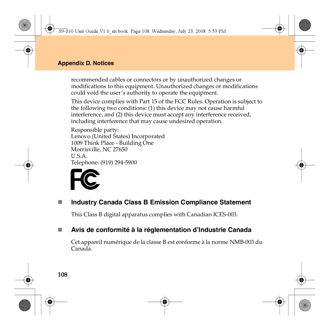 Lenovo S10 manual „ Industry Canada Class B Emission Compliance Statement, Appendix D. Notices 