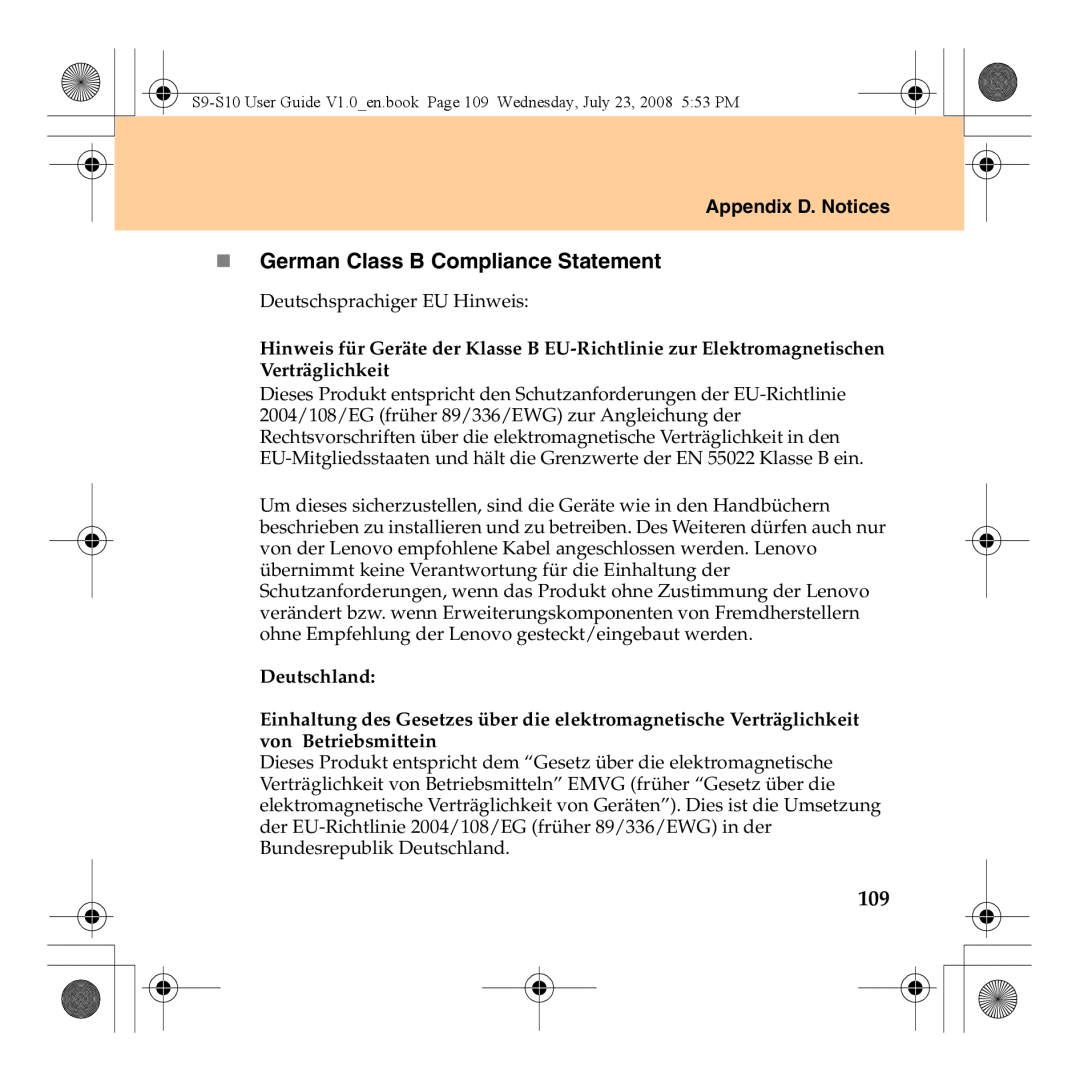 Lenovo S10 manual „ German Class B Compliance Statement, Appendix D. Notices 
