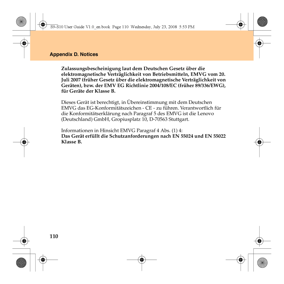 Lenovo S10 manual Appendix D. Notices, Informationen in Hinsicht EMVG Paragraf 4 Abs 