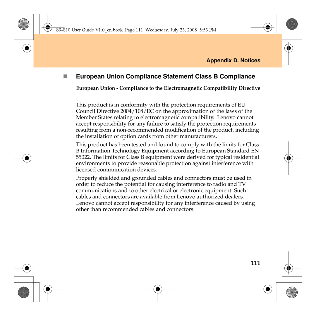 Lenovo S10 manual „ European Union Compliance Statement Class B Compliance, Appendix D. Notices 