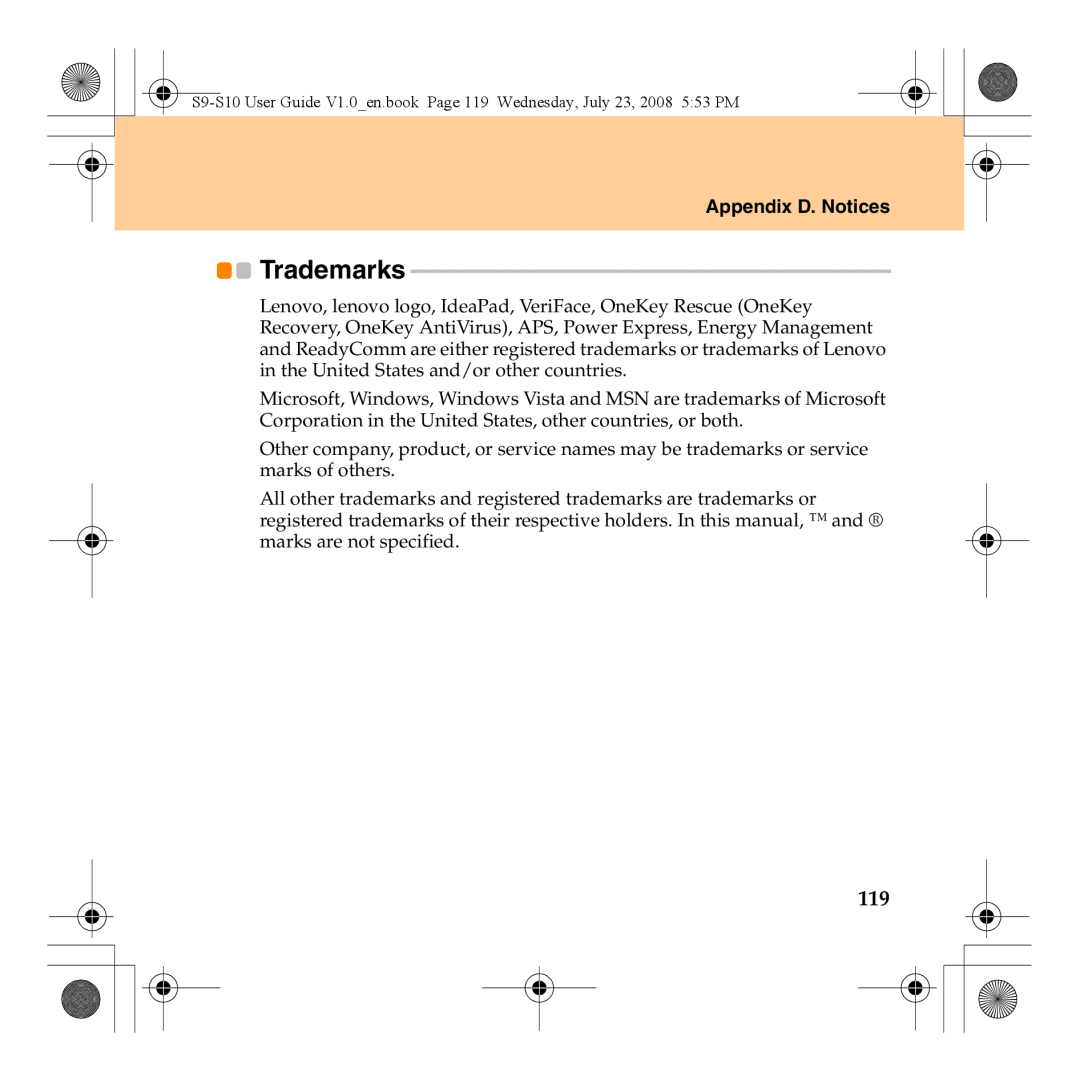 Lenovo S10 manual Trademarks, Appendix D. Notices 