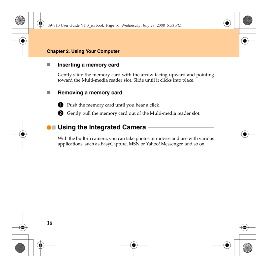 Lenovo S10 manual Using the Integrated Camera, „ Inserting a memory card, „ Removing a memory card, Using Your Computer 