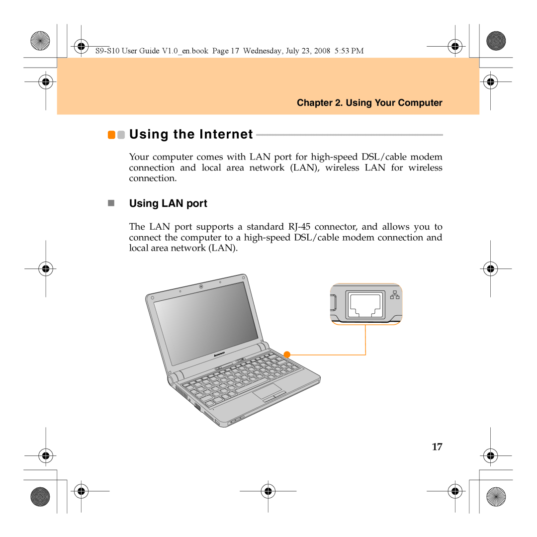 Lenovo S10 manual Using the Internet, „ Using LAN port, Using Your Computer 