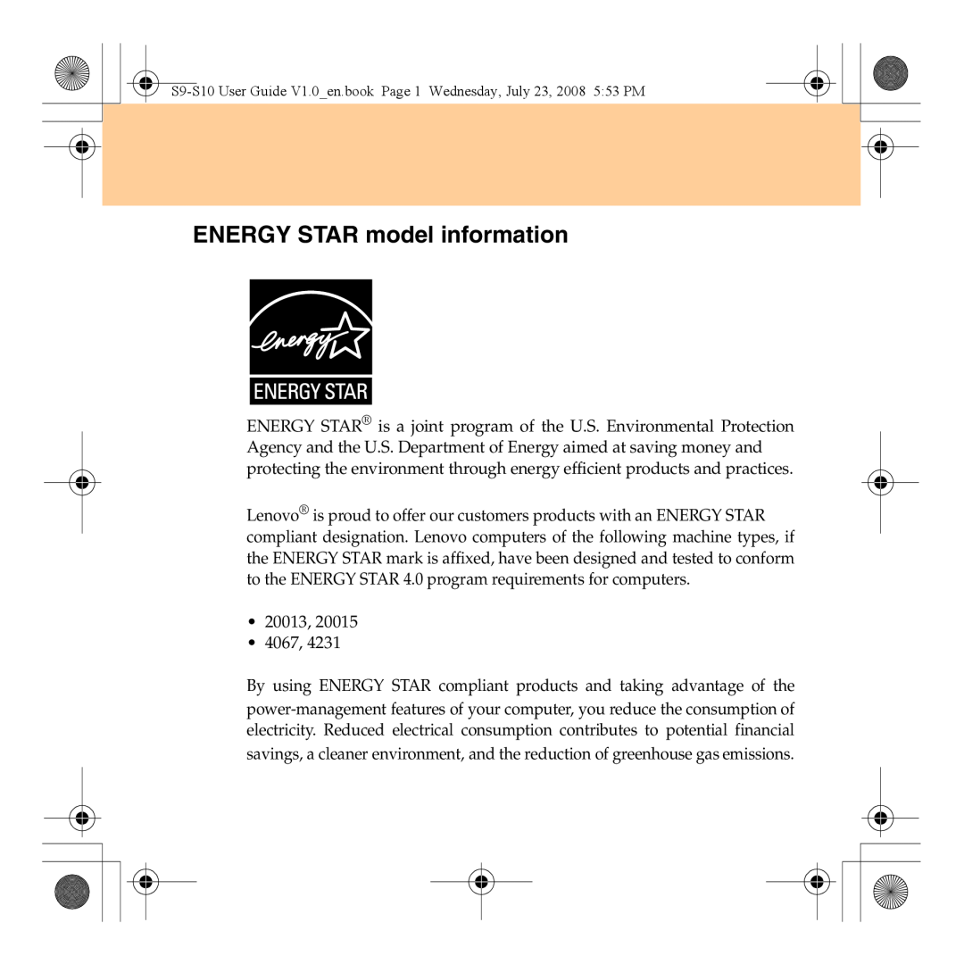 Lenovo S10 manual ENERGY STAR model information 