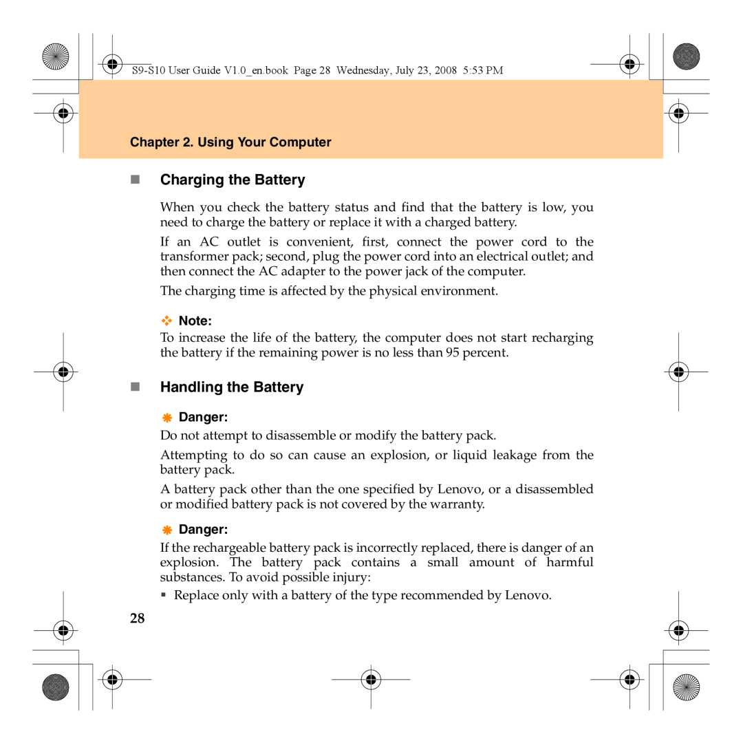Lenovo S10 manual „ Charging the Battery, „ Handling the Battery, Using Your Computer, Danger 
