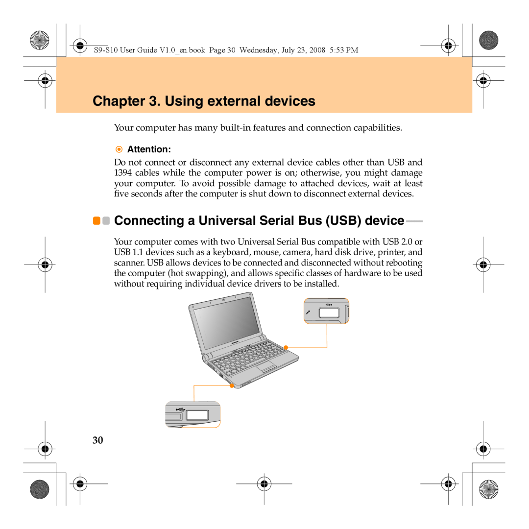 Lenovo S10 manual Using external devices, Connecting a Universal Serial Bus USB device 