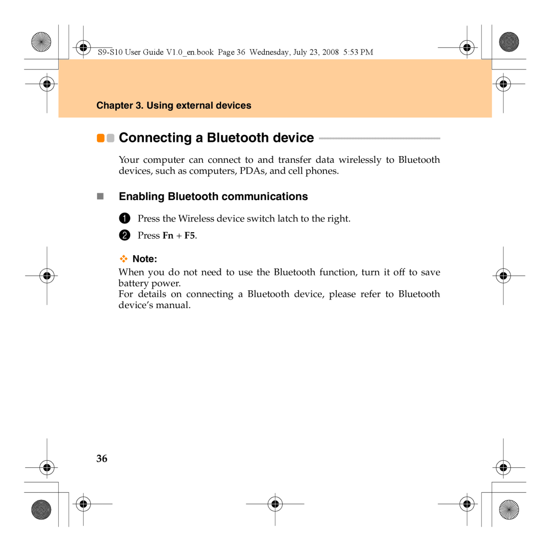 Lenovo S10 manual Connecting a Bluetooth device, „ Enabling Bluetooth communications, Using external devices 