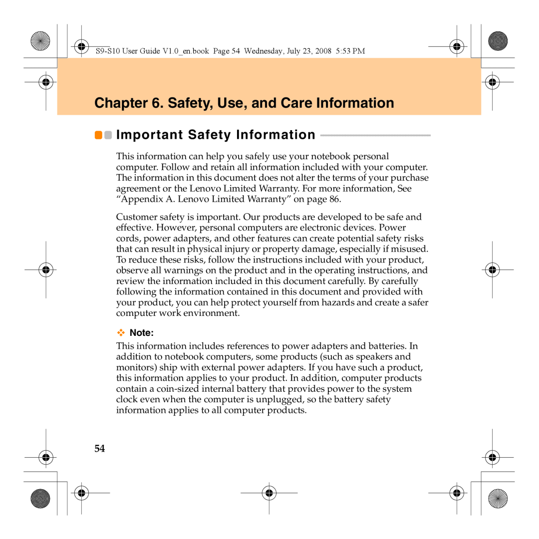 Lenovo S10 manual Safety, Use, and Care Information, Important Safety Information 