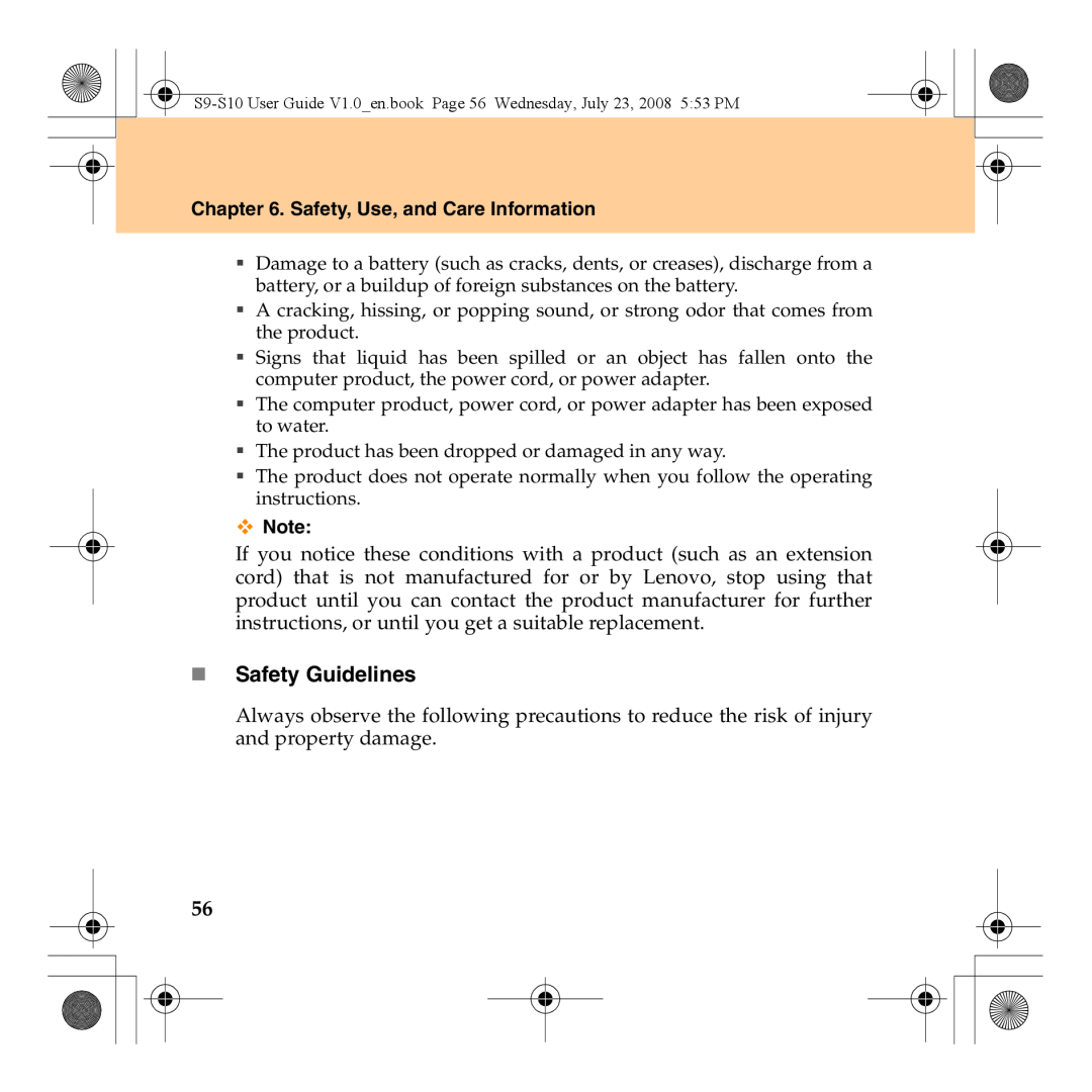 Lenovo S10 manual „ Safety Guidelines, Safety, Use, and Care Information 