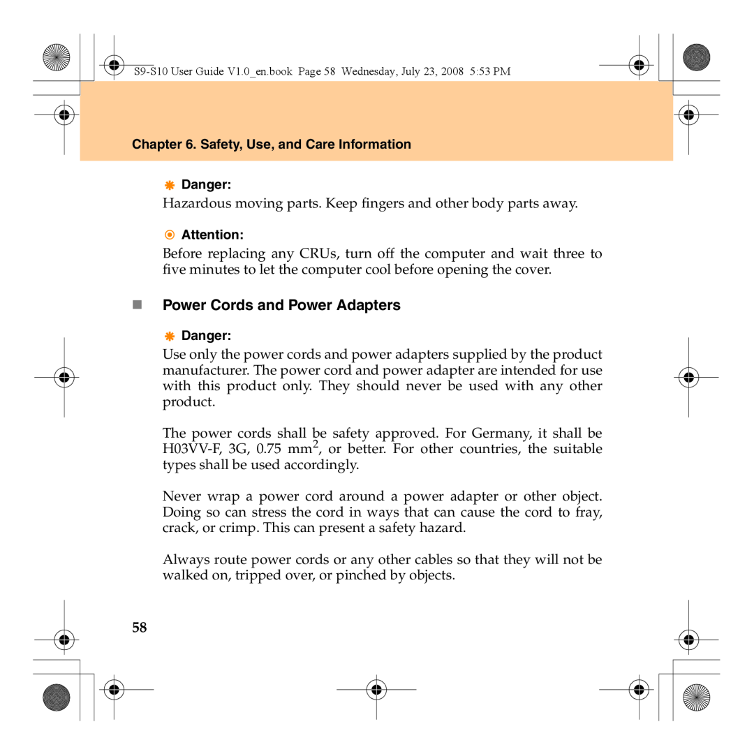 Lenovo S10 manual „ Power Cords and Power Adapters, Safety, Use, and Care Information Danger 