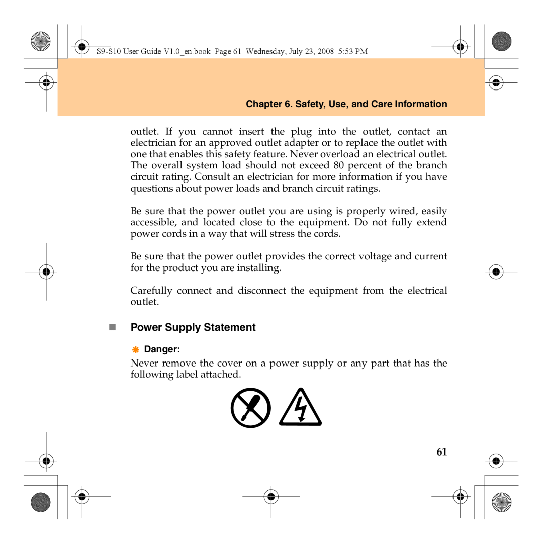 Lenovo S10 manual „ Power Supply Statement, Safety, Use, and Care Information, Danger 