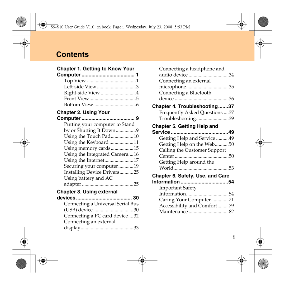 Lenovo S10 manual Contents, Using Your, Using external, Getting Help and, Safety, Use, and Care 