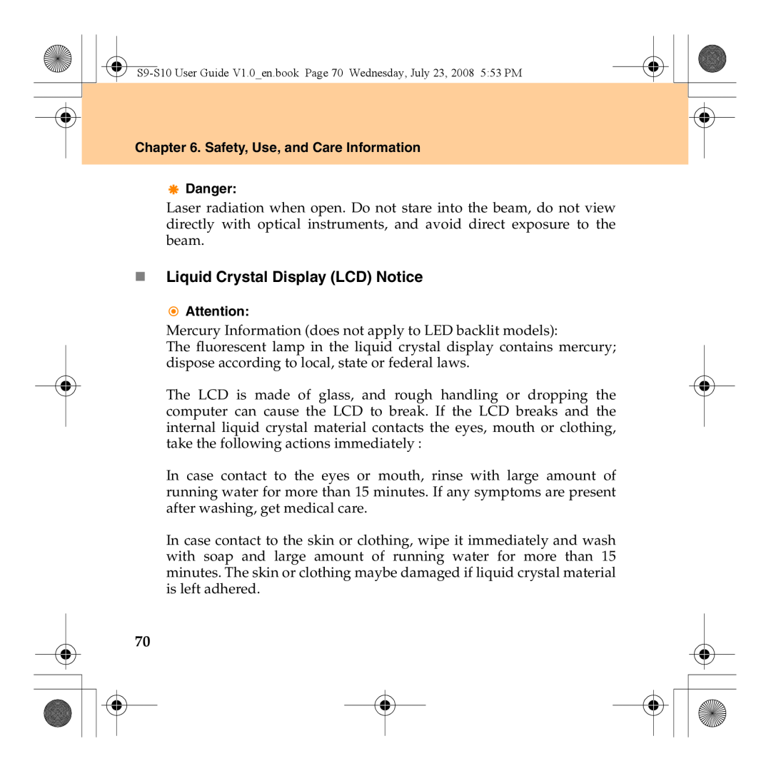 Lenovo S10 manual „ Liquid Crystal Display LCD Notice, Safety, Use, and Care Information Danger 