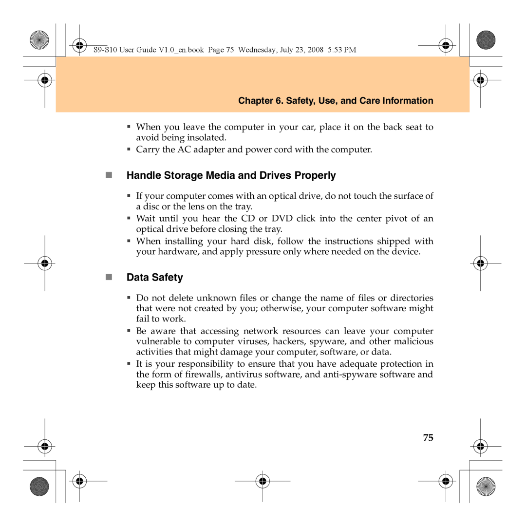 Lenovo S10 manual „ Handle Storage Media and Drives Properly, „ Data Safety, Safety, Use, and Care Information 