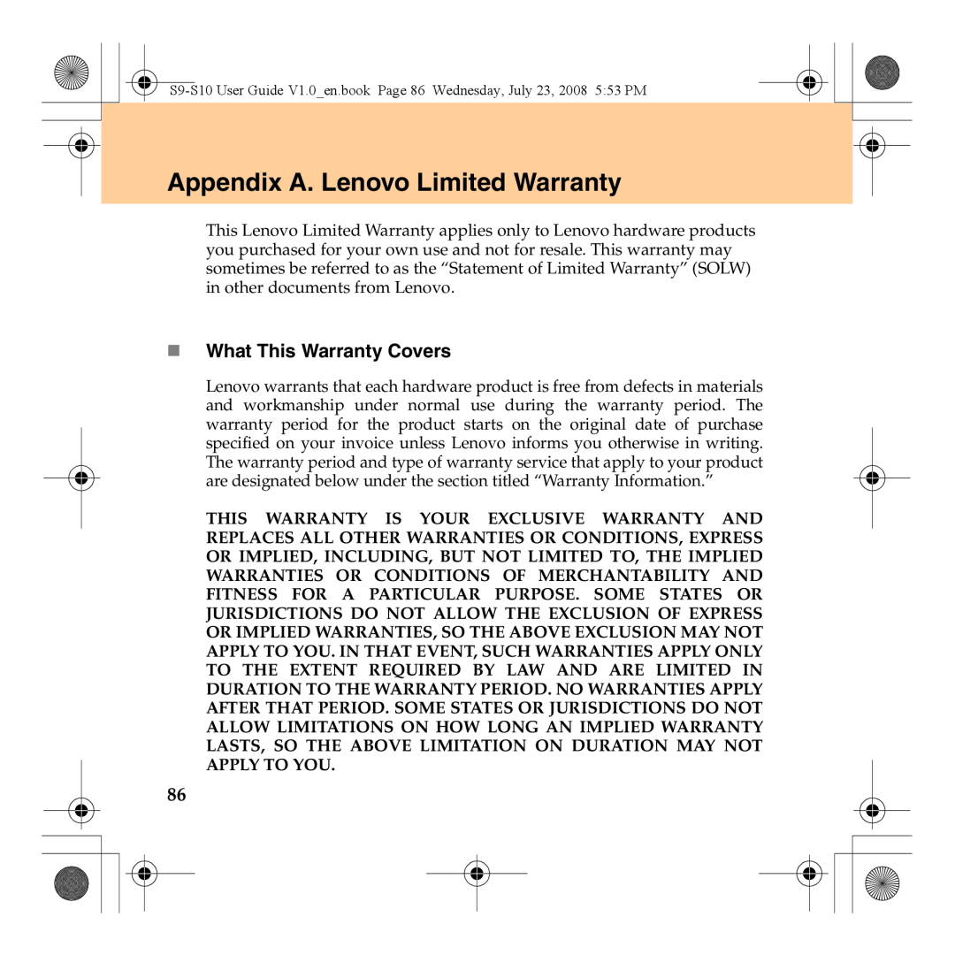 Lenovo S10 manual Appendix A. Lenovo Limited Warranty, „ What This Warranty Covers 