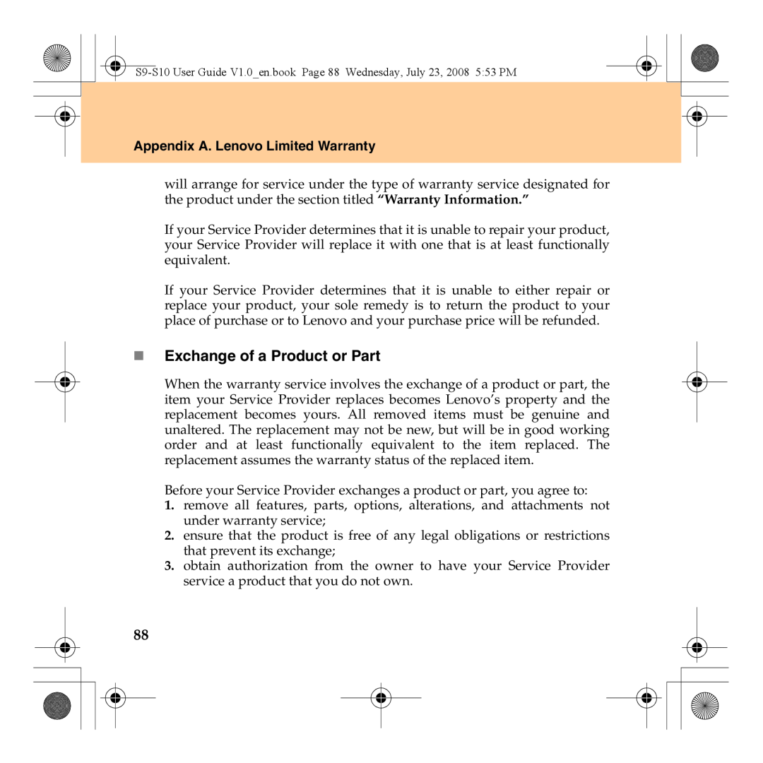 Lenovo S10 manual „ Exchange of a Product or Part, Appendix A. Lenovo Limited Warranty 