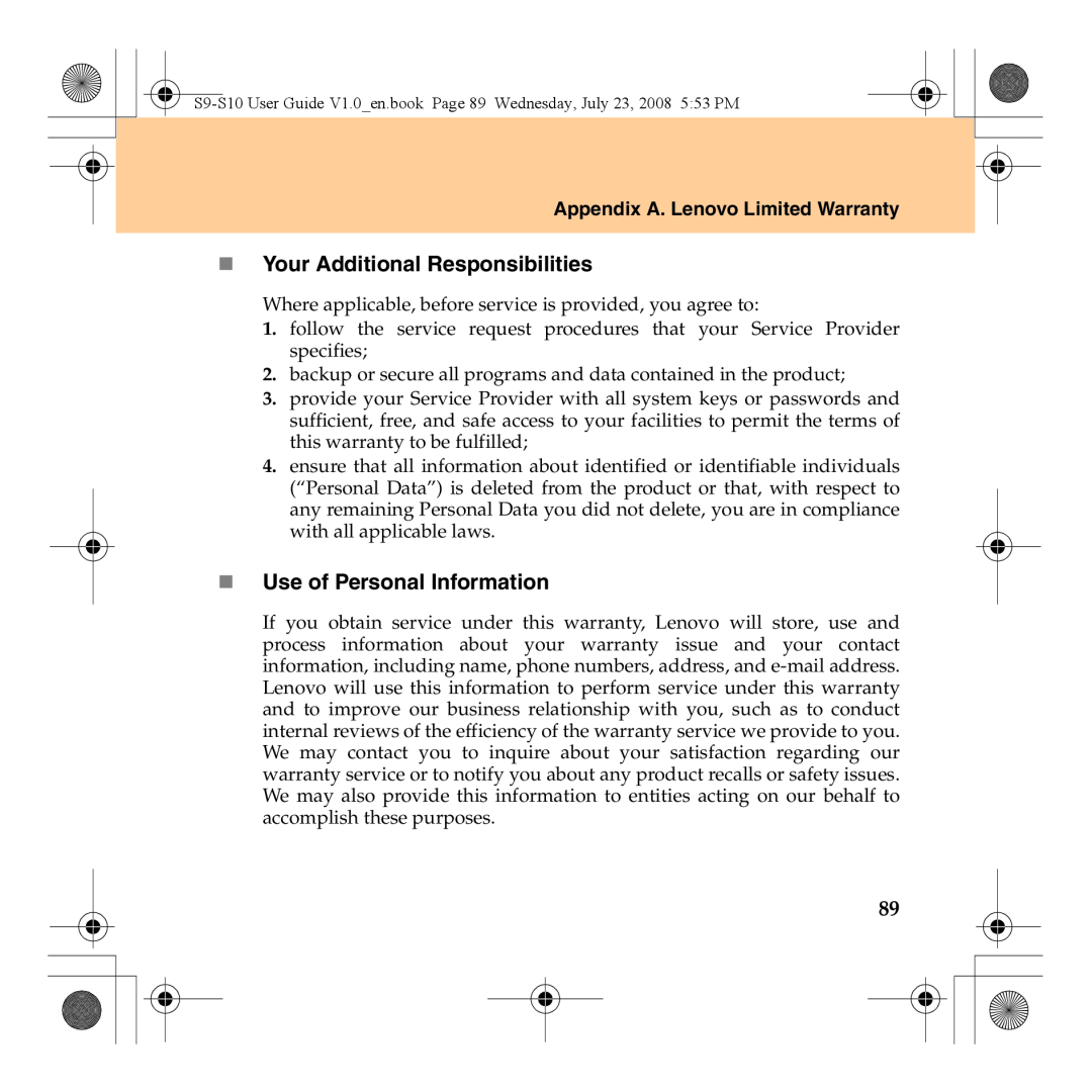 Lenovo S10 manual „ Your Additional Responsibilities, „ Use of Personal Information, Appendix A. Lenovo Limited Warranty 