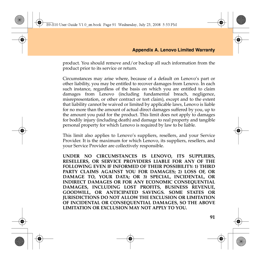 Lenovo manual Appendix A. Lenovo Limited Warranty, S9-S10 User Guide V1.0en.book Page 91 Wednesday, July 23, 2008 553 PM 