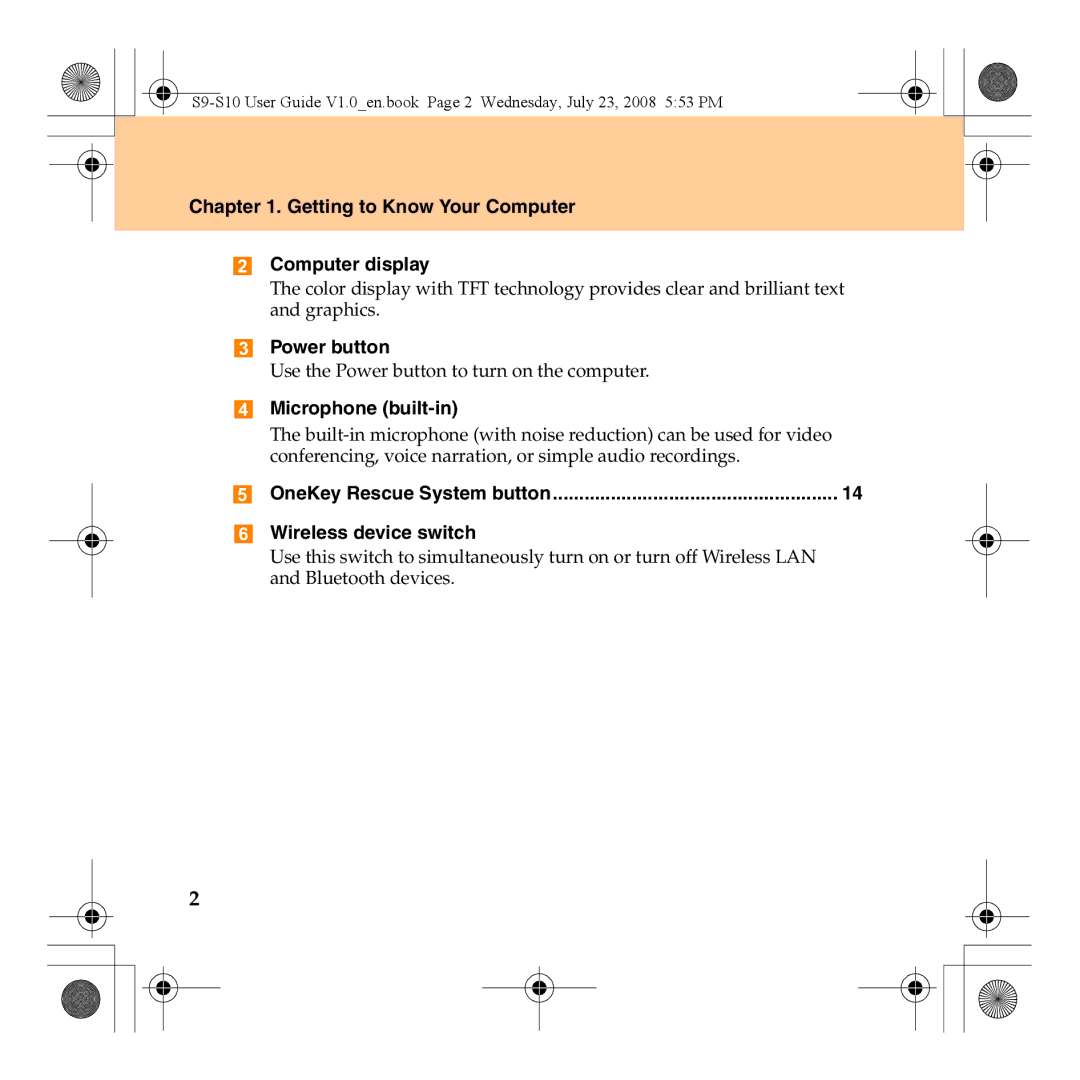 Lenovo S10 manual Getting to Know Your Computer Computer display, Power button, Microphone built-in, Wireless device switch 