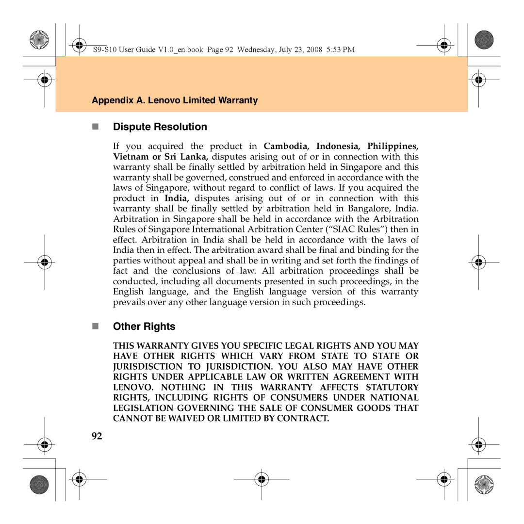 Lenovo S10 manual „ Dispute Resolution, „ Other Rights 