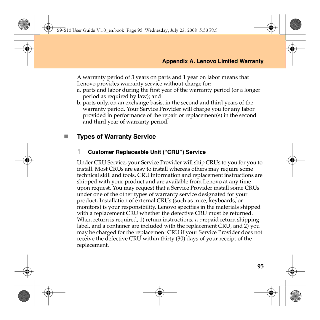 Lenovo S10 manual „ Types of Warranty Service, Customer Replaceable Unit CRU Service 