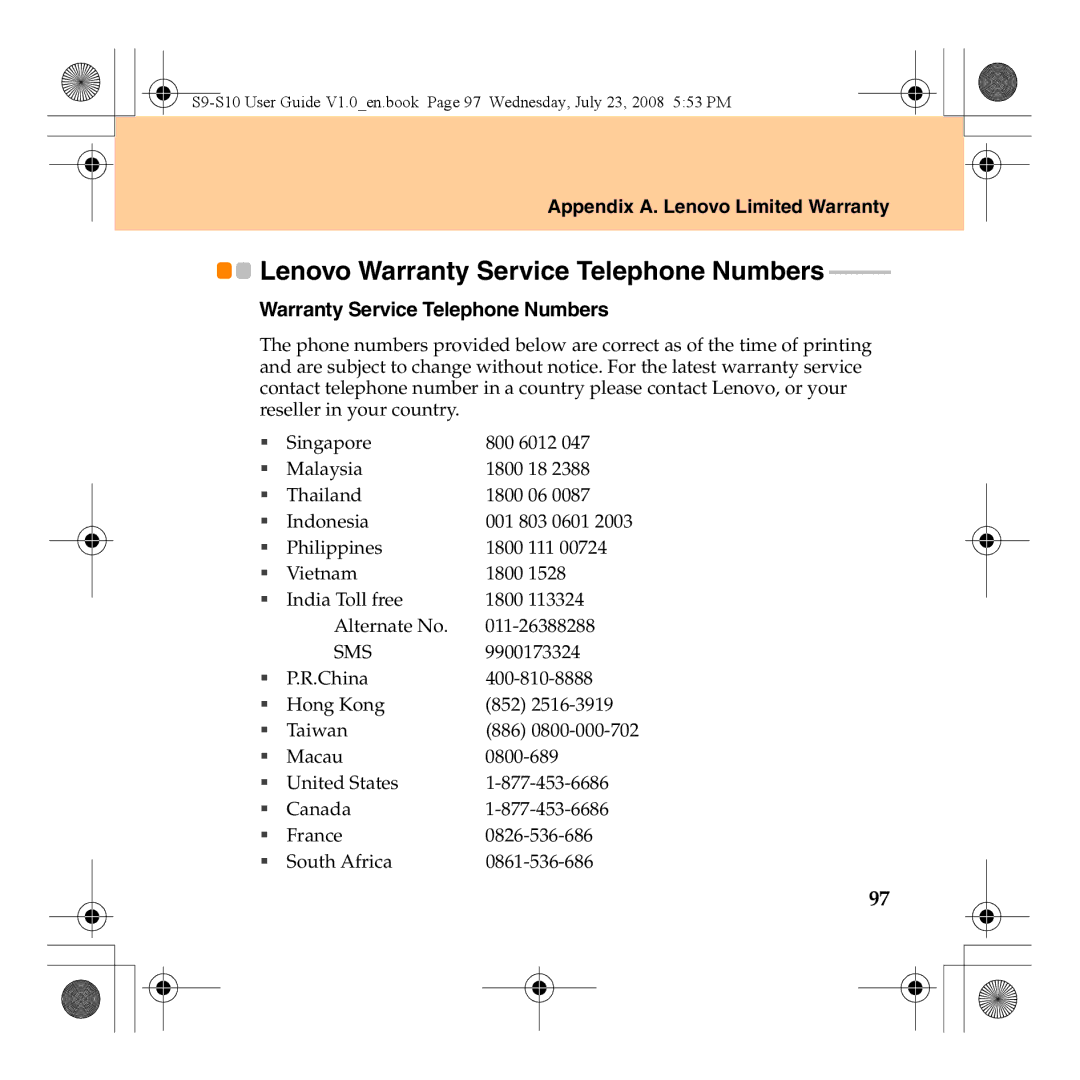 Lenovo S10 manual Lenovo Warranty Service Telephone Numbers 