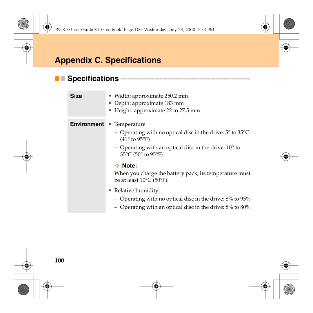 Lenovo S10 manual Appendix C. Specifications, 100, Environment ƒ Temperature 