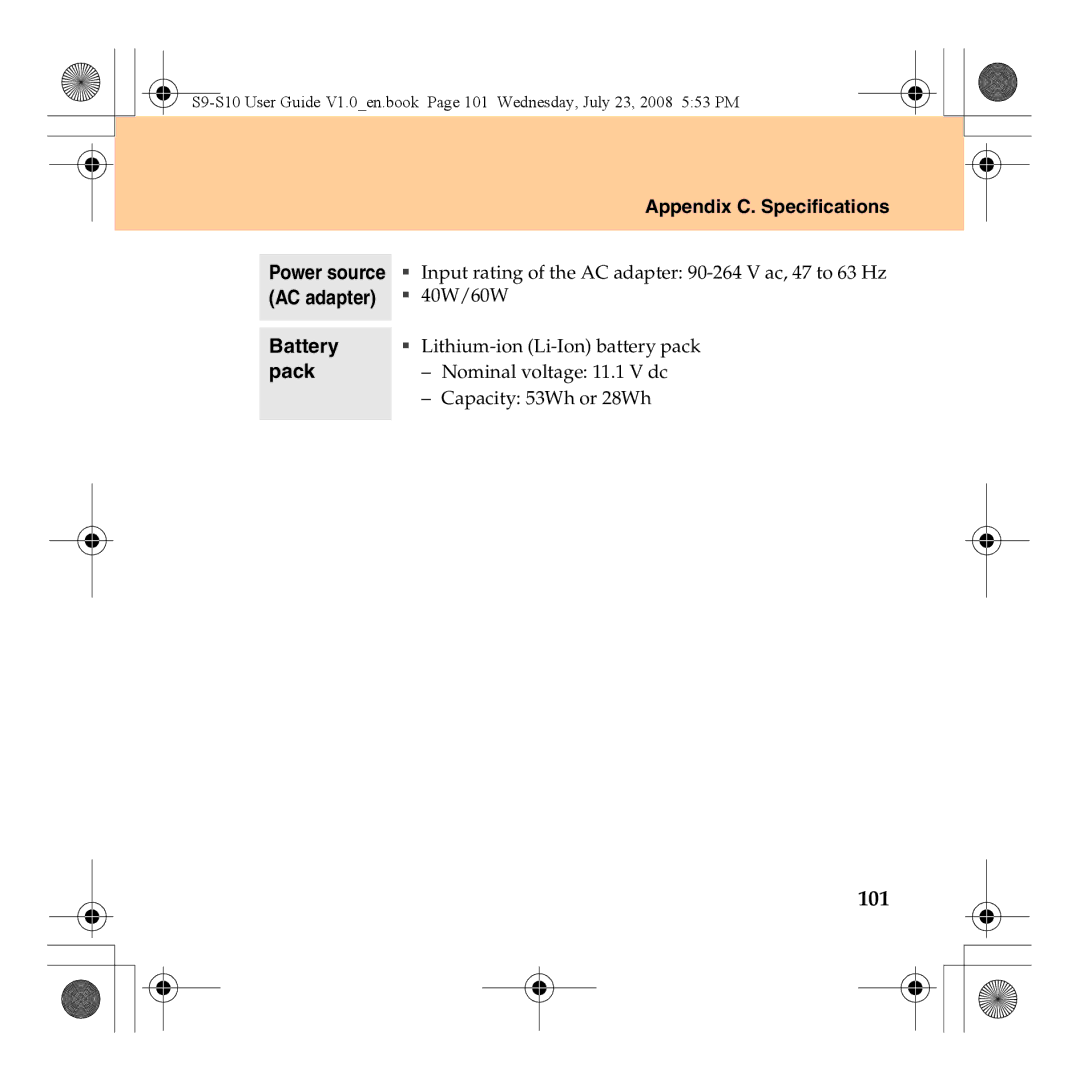 Lenovo S10 manual 101, Appendix C. Specifications, Battery pack 