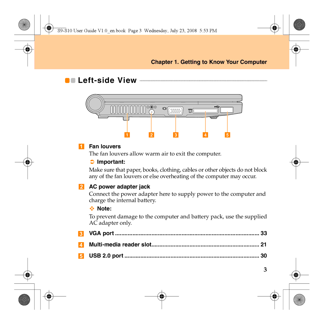 Lenovo S10 manual Left-side View, Getting to Know Your Computer, Fan louvers, AC power adapter jack 