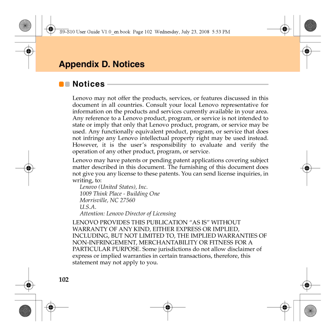 Lenovo S10 manual Appendix D. Notices, 102 