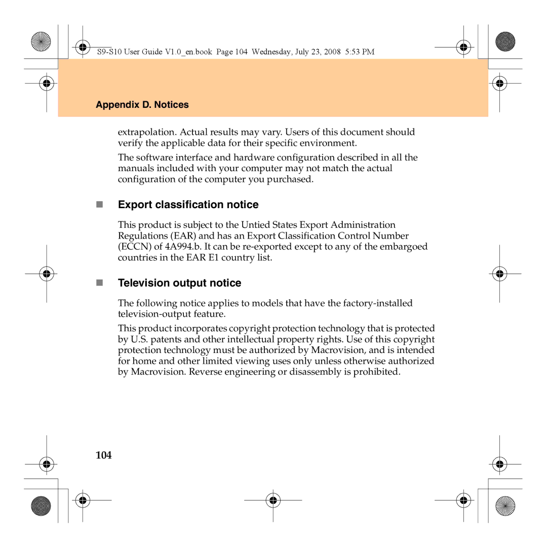 Lenovo S10 manual „ Export classification notice, „ Television output notice, 104 