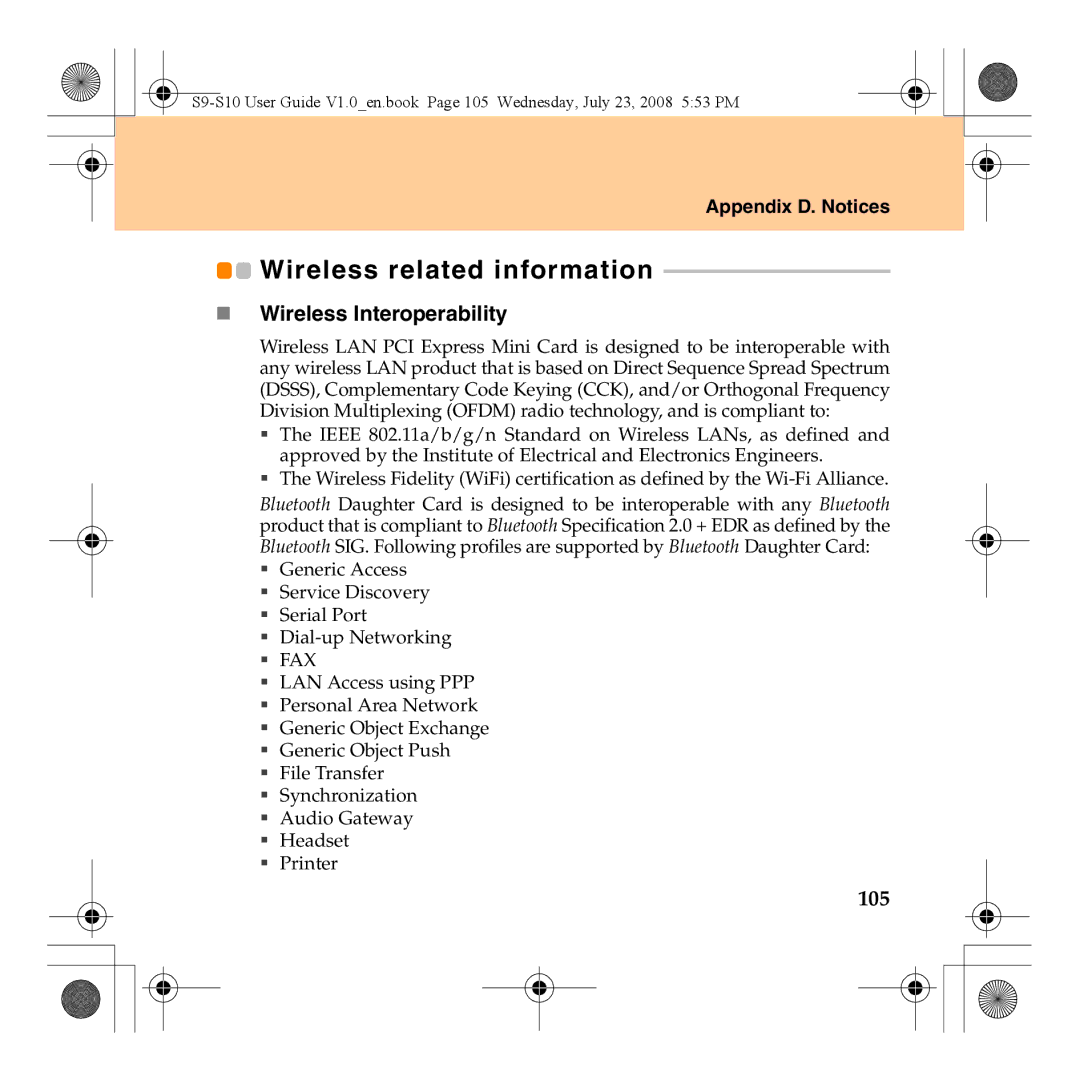 Lenovo S10 manual Wireless related information, „ Wireless Interoperability, 105 