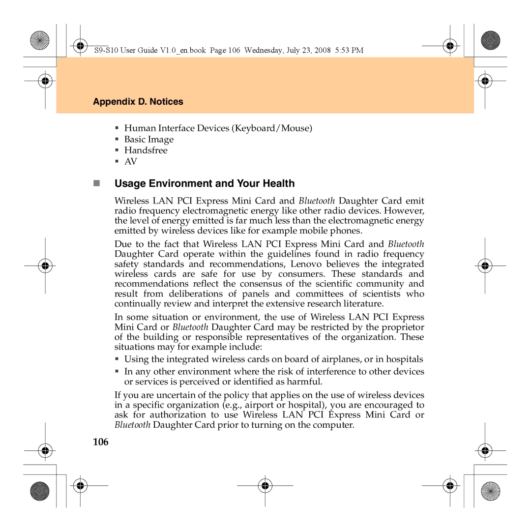 Lenovo S10 manual „ Usage Environment and Your Health, 106 