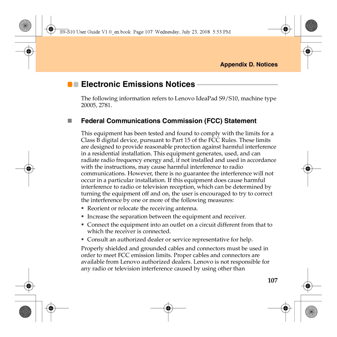 Lenovo S10 manual Electronic Emissions Notices, „ Federal Communications Commission FCC Statement, 107 