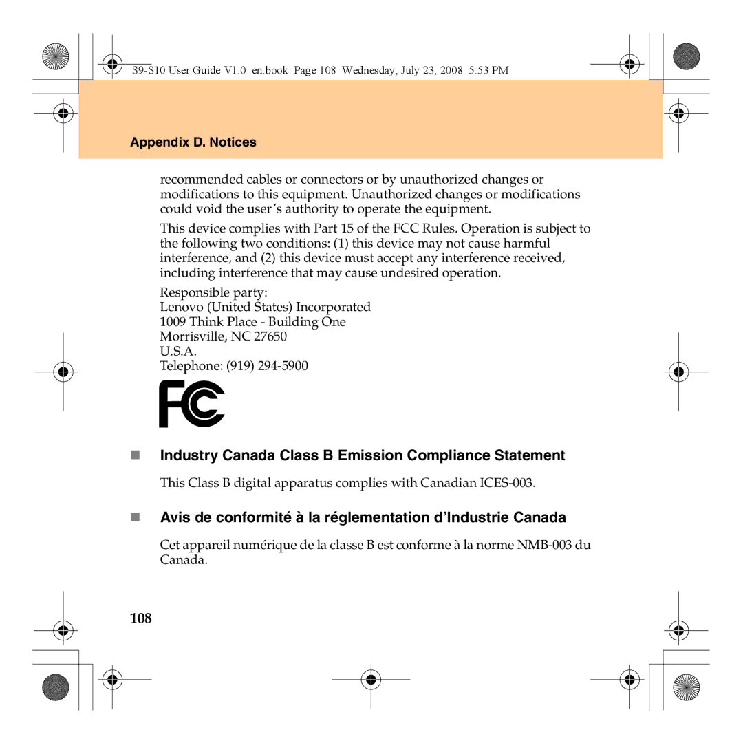 Lenovo S10 manual „ Industry Canada Class B Emission Compliance Statement, 108 