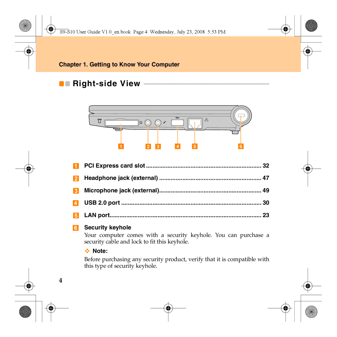 Lenovo S10 manual Right-side View, Security keyhole 