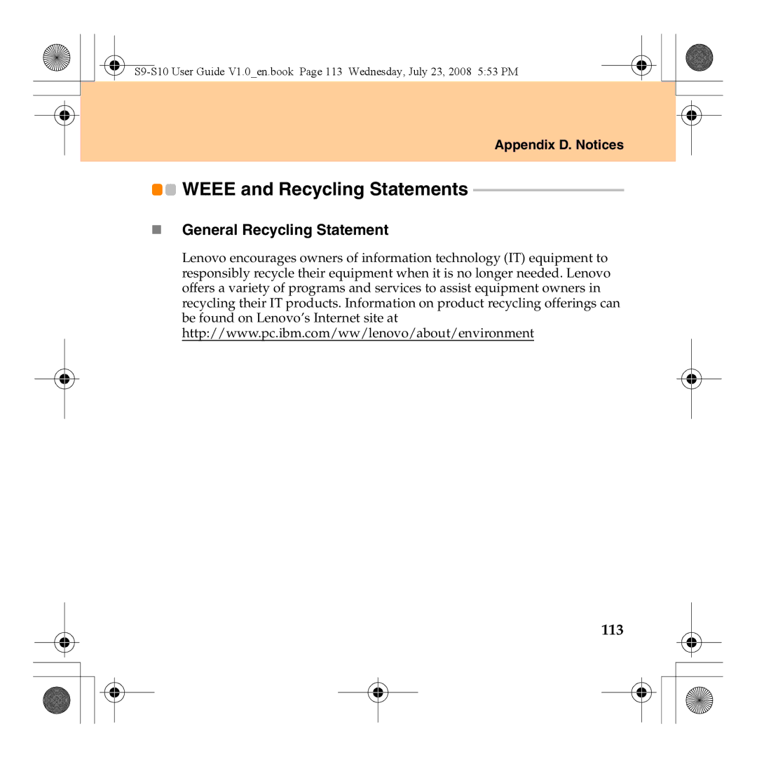 Lenovo S10 manual Weee and Recycling Statements, „ General Recycling Statement, 113 