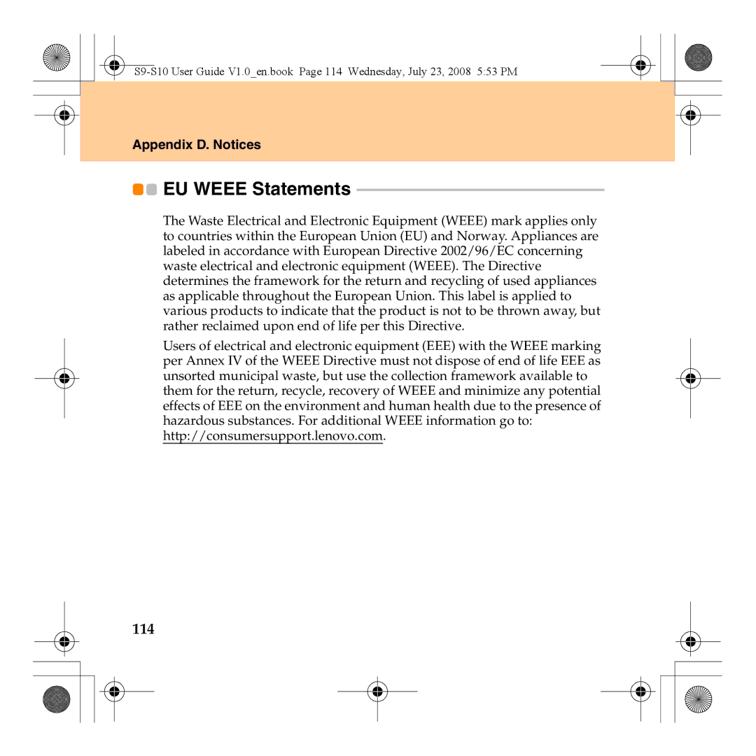 Lenovo S10 manual EU Weee Statements, 114 