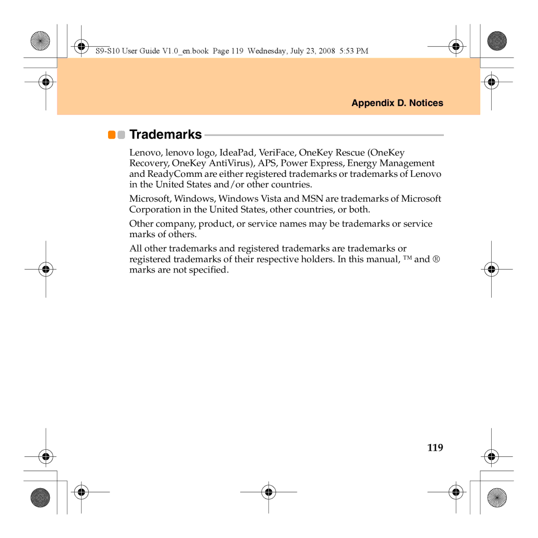 Lenovo S10 manual Trademarks, 119 