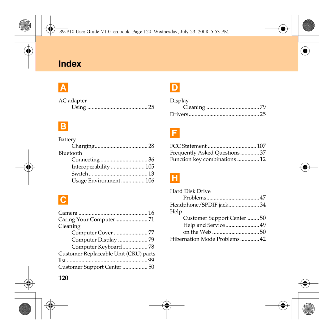 Lenovo S10 manual Index, 120 